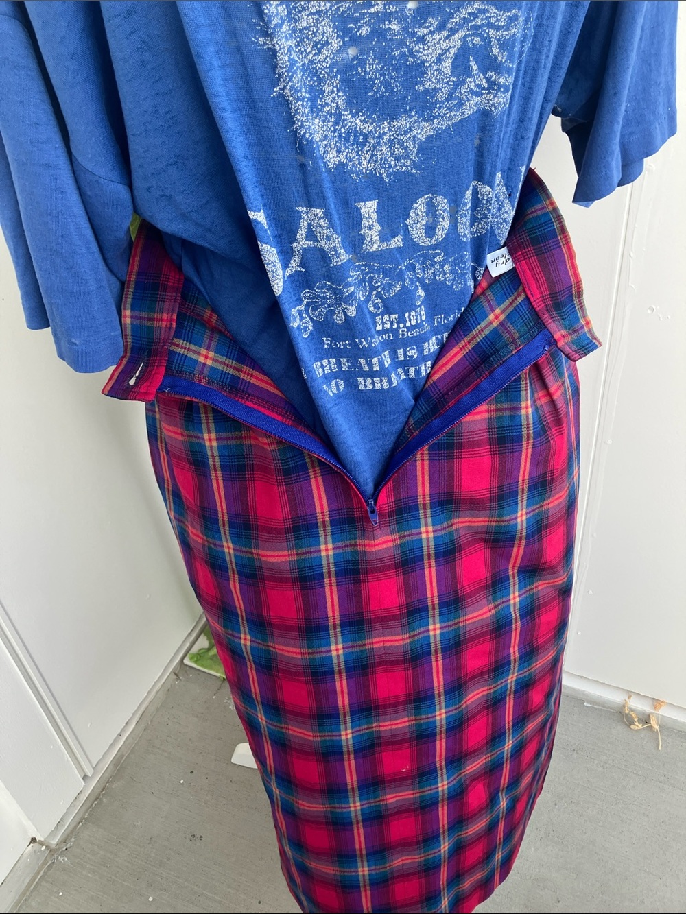 Vintage 70s 80s Pendleton Magenta Red and Royal Blue Madras Plaid Midi Skirt - Picture 7 of 8